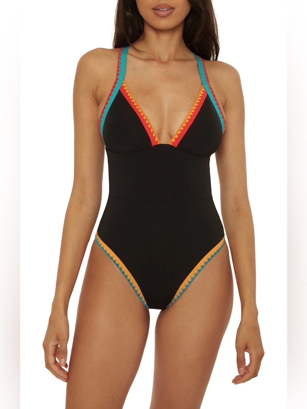Lucky Brand Avila Embroidered Trim One Piece Swimsuit Size Large Black Orange